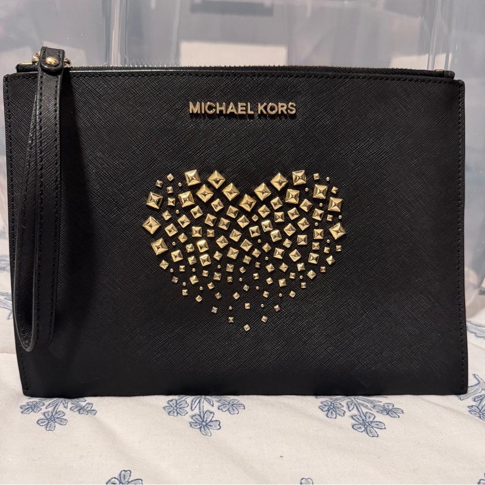 Michael Kors Black Clutch with Gold Studded Heart